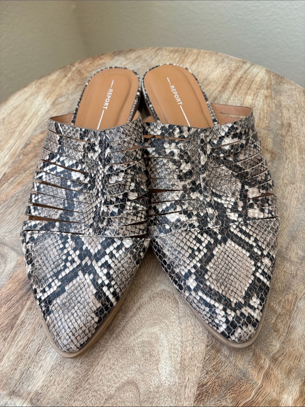 Report Snake-Print Pointed Slip-On Mules in Neutral/Taupe